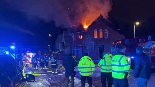 Brand på Margrethevej / Skibhusvej i Odense 17. februar 2026. Video: Fyens Stiftstidende